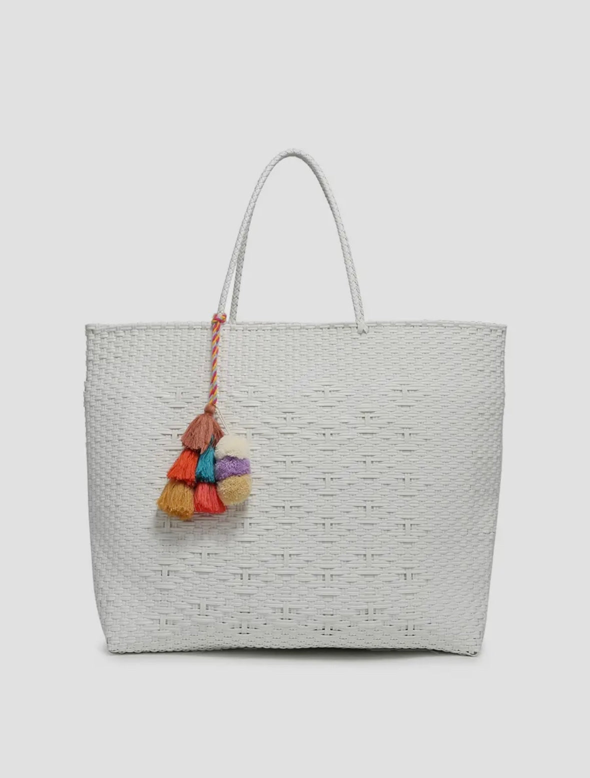 Allie Woven Tote with Pom Poms in White