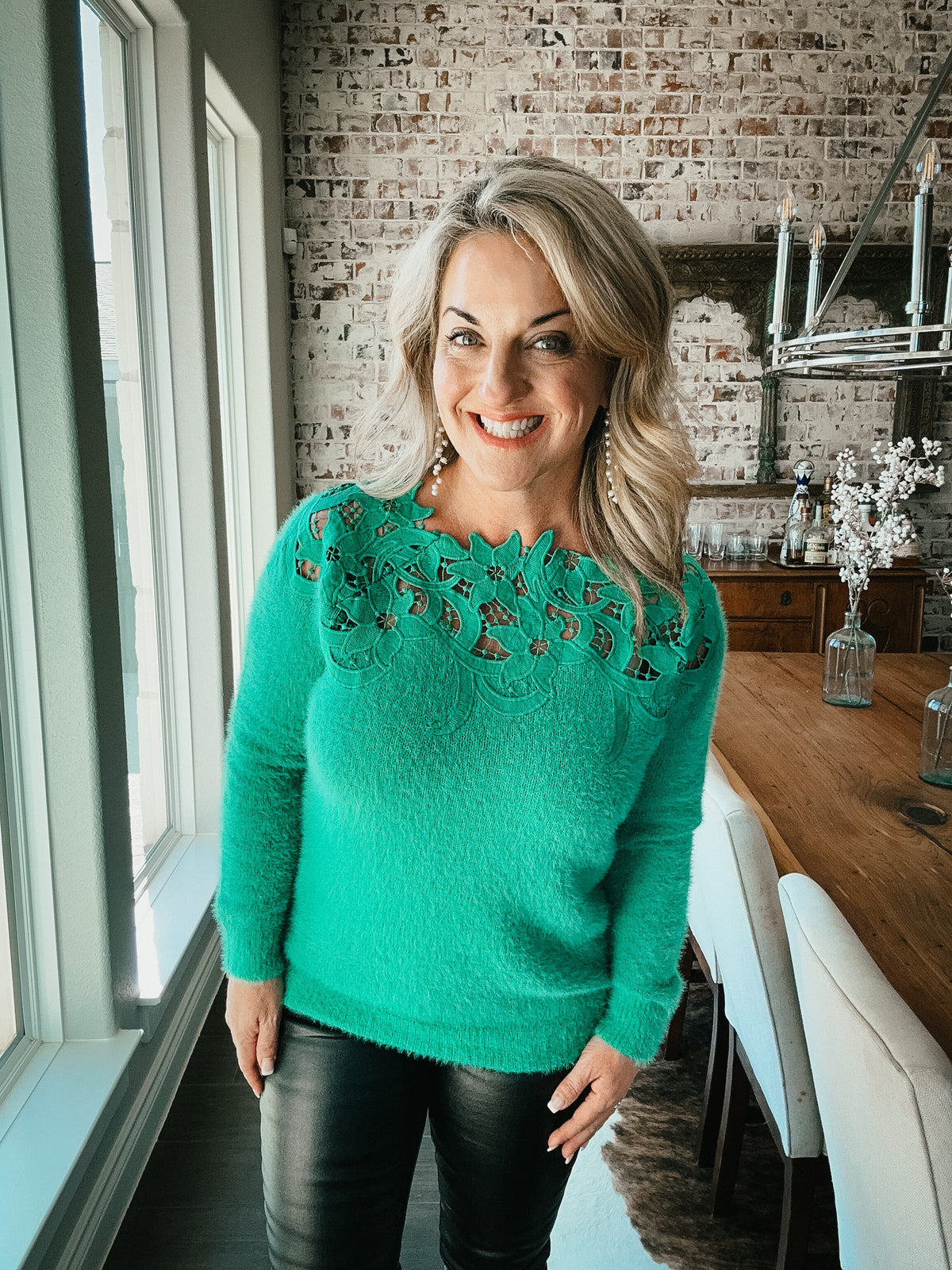 Courtney Long Sleeve Sweater with Lace Neck Line