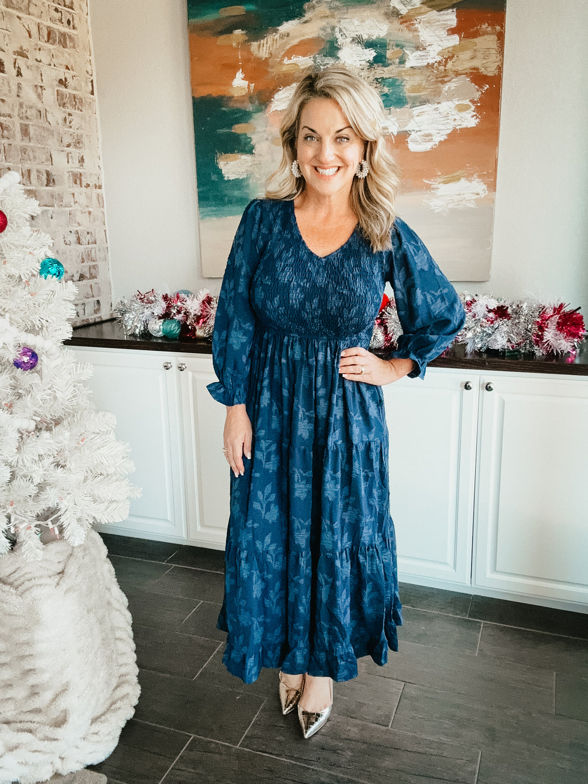 Aubrey Smocked Bodice Navy Midi Dress