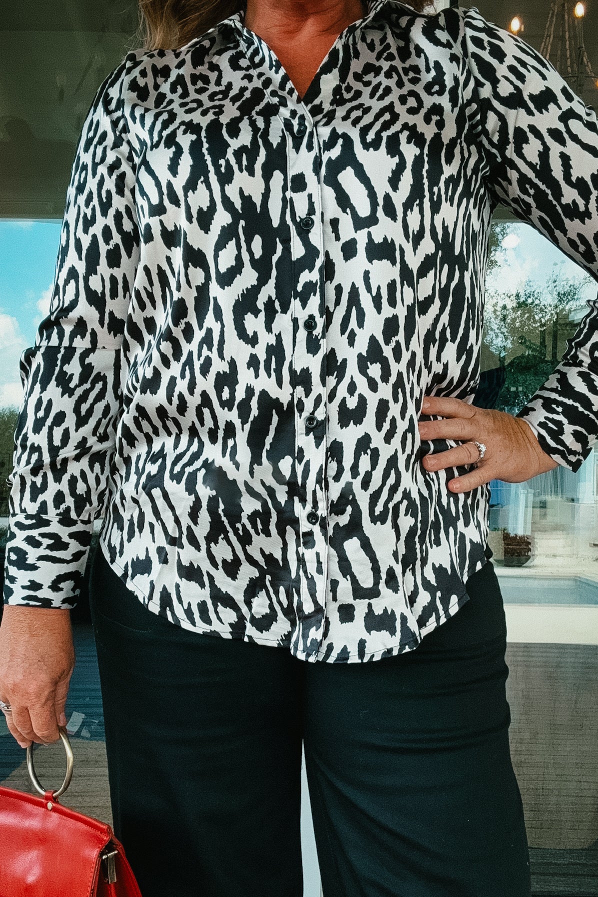 Nikki Snow Leopard Button Down Blouse