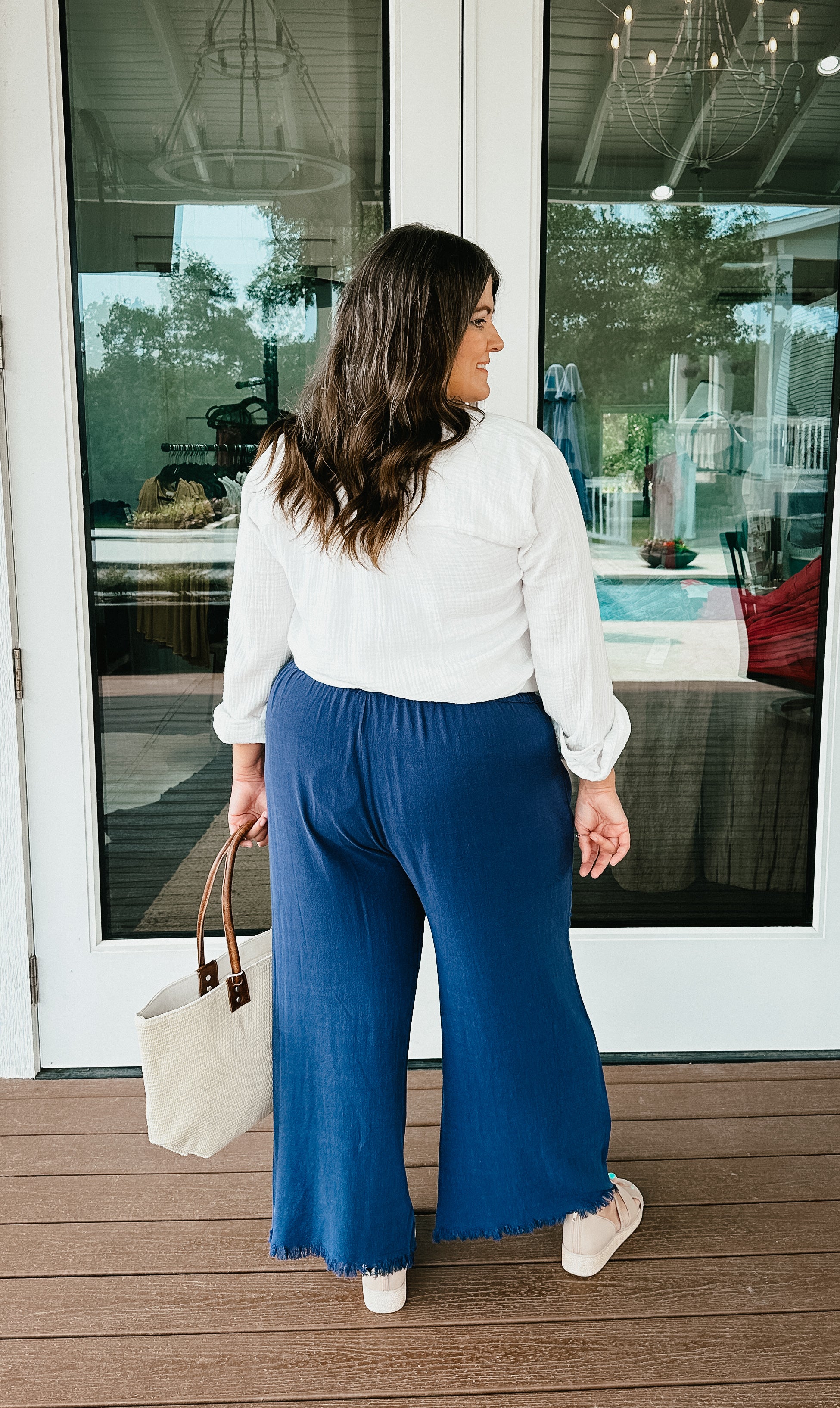 Navy blue wide leg linen pants best sale