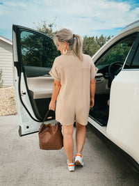 Jillian Roll Up Sleeve Gauze Romper in Taupe