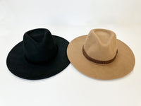 Braided Leather Trim Panama Hat in Black & Brown