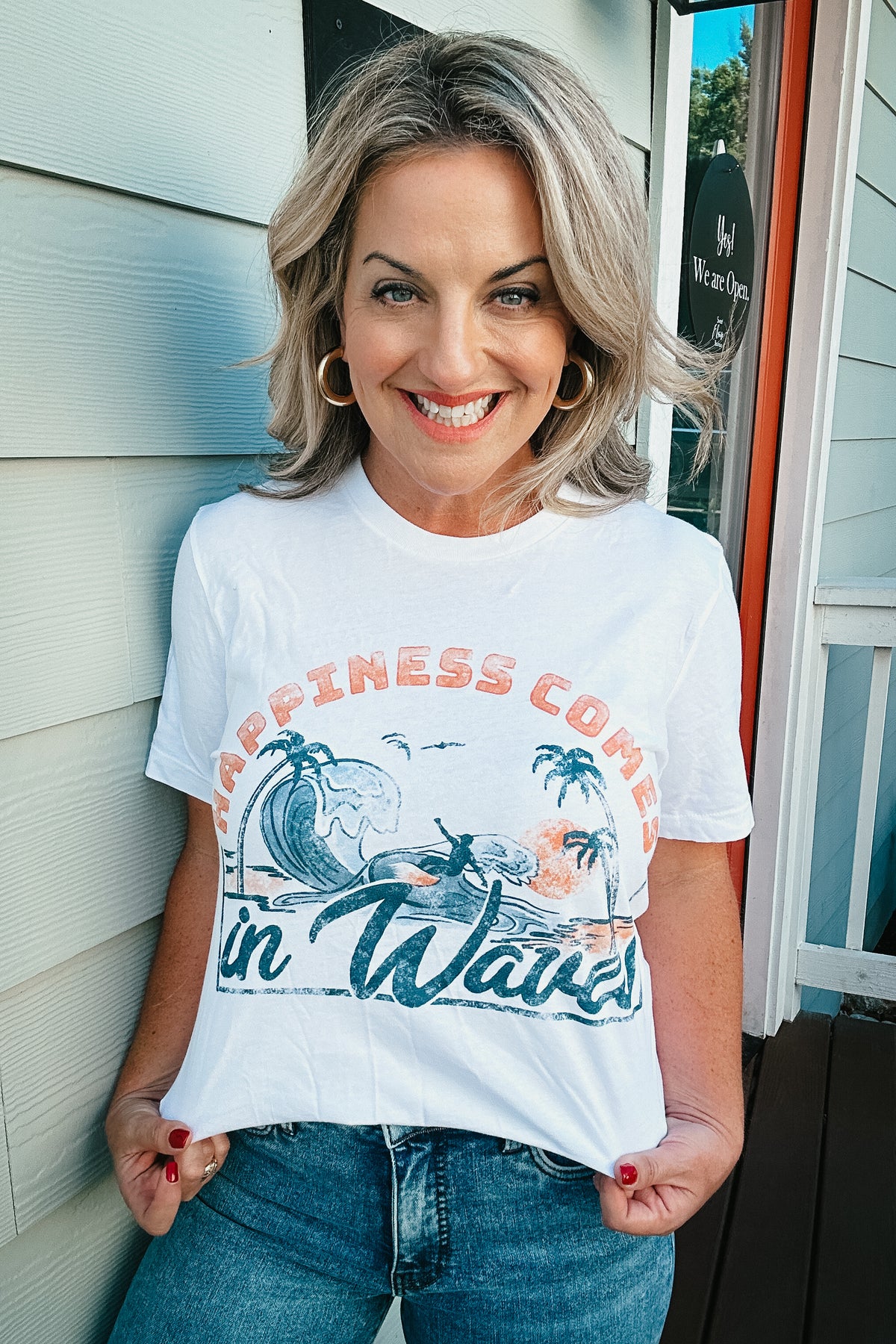 Happiness Comes in Waves Graphic Tee in White