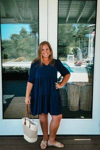 Susan V Neck Tiered Dress in Navy Blue