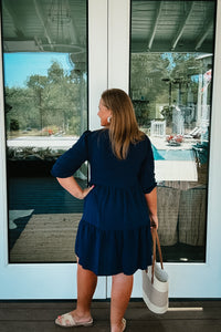 Susan V Neck Tiered Dress in Navy Blue