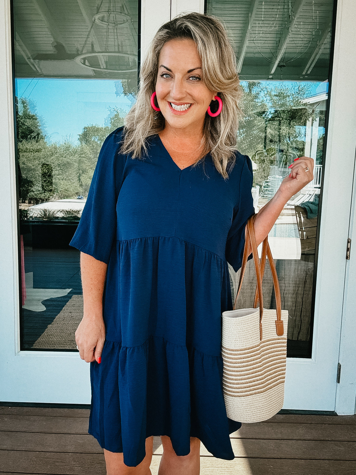 Susan V Neck Tiered Dress in Navy Blue